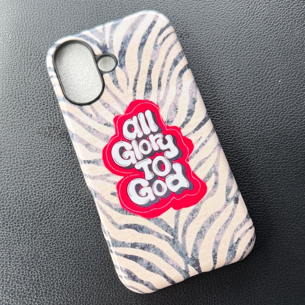 Pink Zebra Print Phone Case with Red 'All Glory To God' Graphic